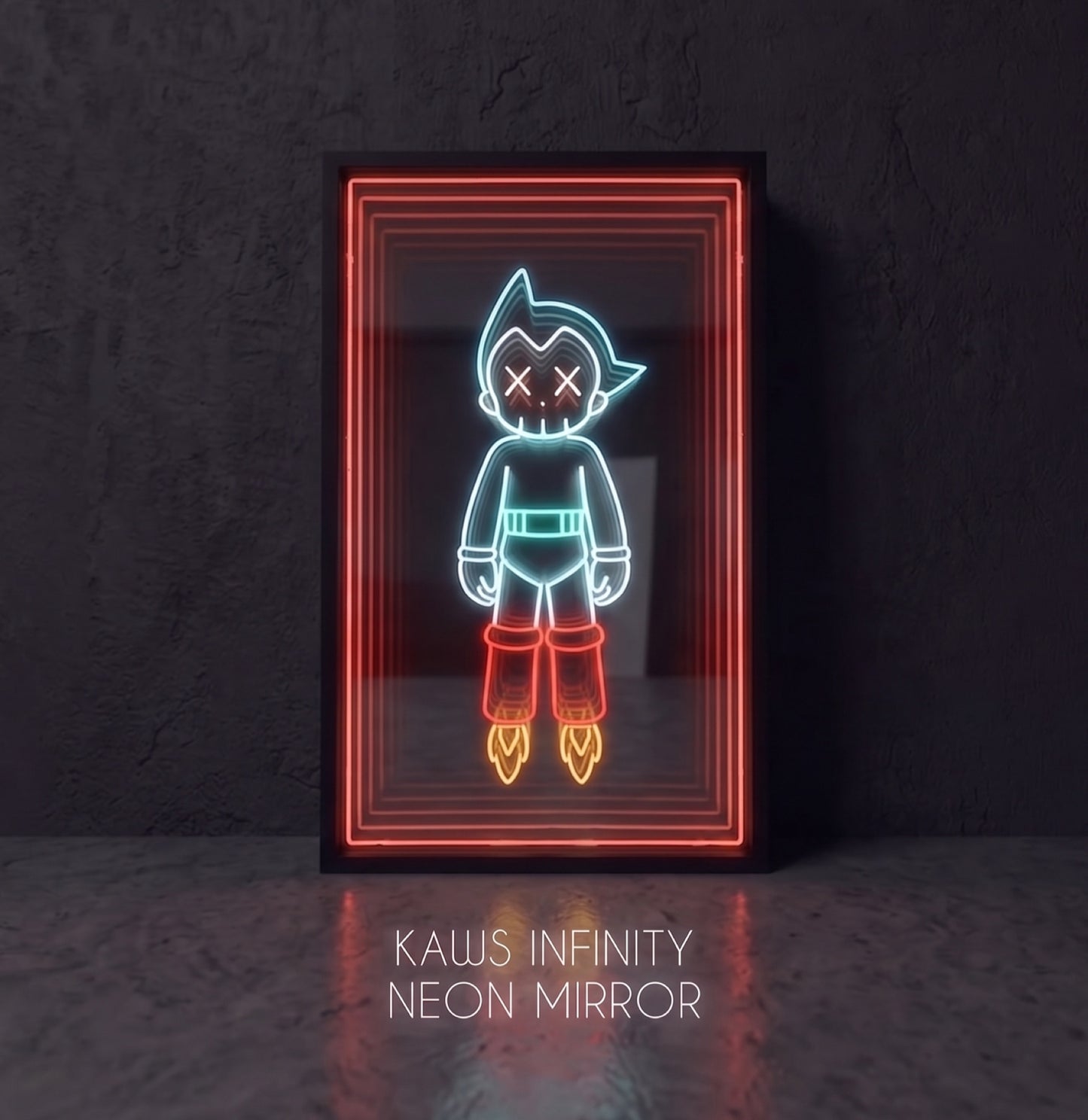Astro Robot LED neon sonsuzluk aynası — kırmızı çerçeveli retro robot figürü