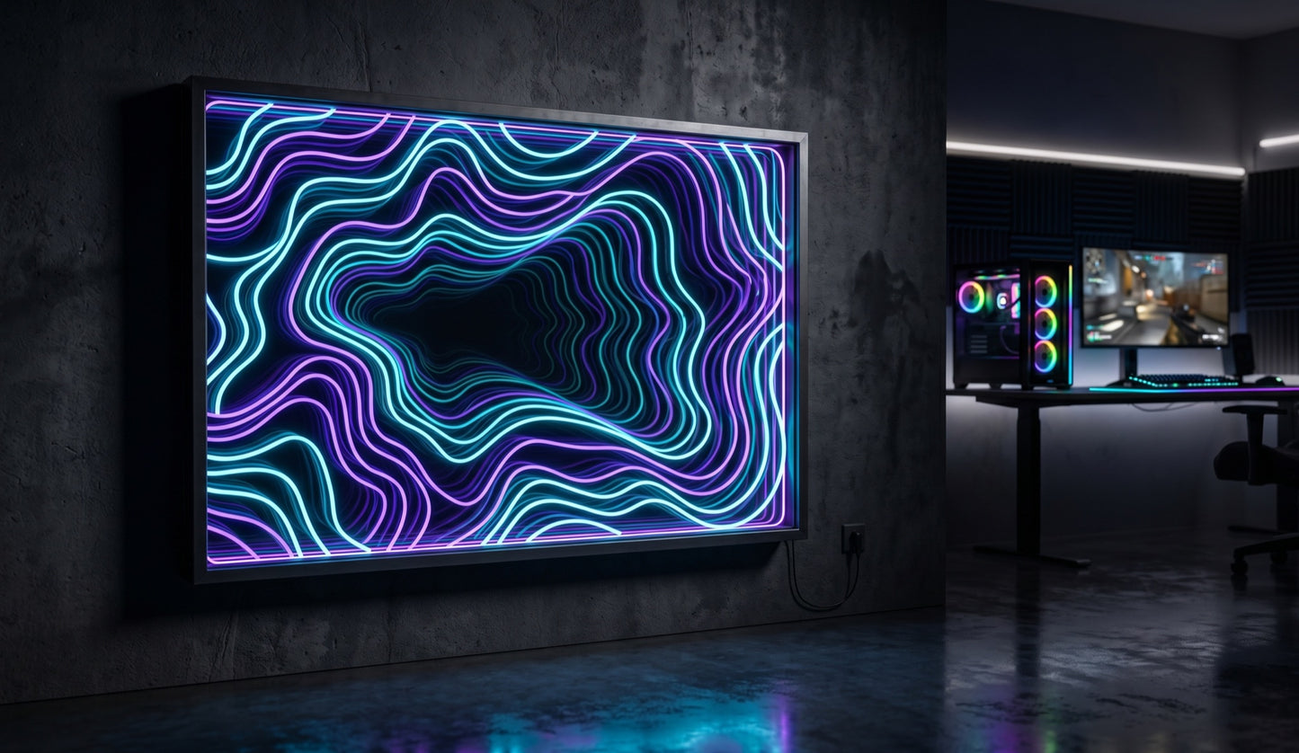 Dalga topografi LED neon sonsuzluk aynası — mor ve turkuaz akışkan desen