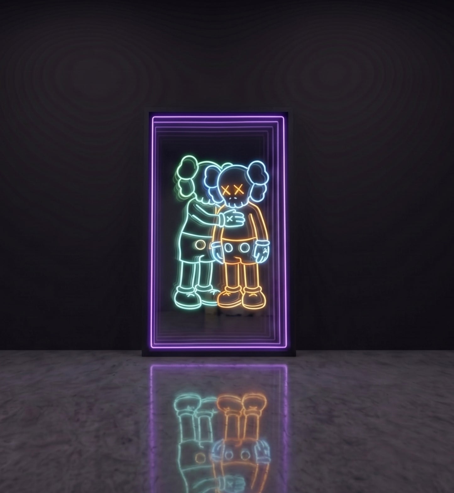 İkili figür LED neon sonsuzluk aynası — mor çerçevede iki karakter, dostluk teması