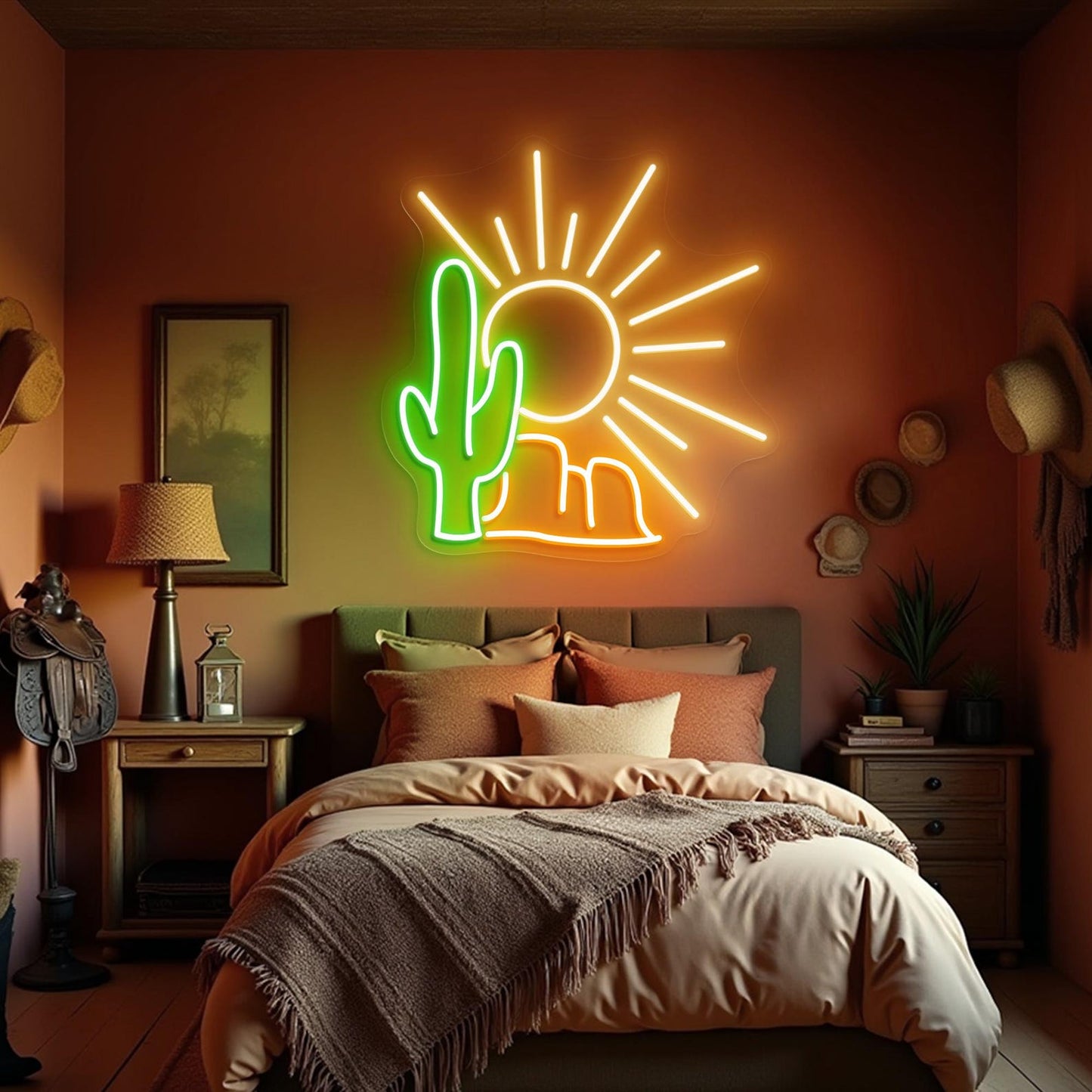 Kaktüs Ve Güneş Neon Led Dekoratif Tabela