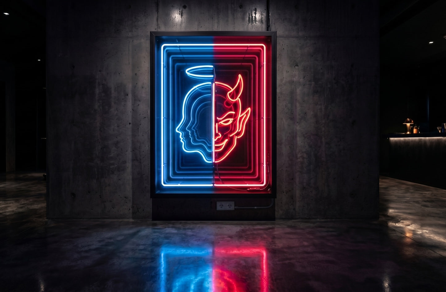 Melek ve Şeytan LED neon sonsuzluk aynası — mavi kırmızı renk şeması, dualite tasarımı