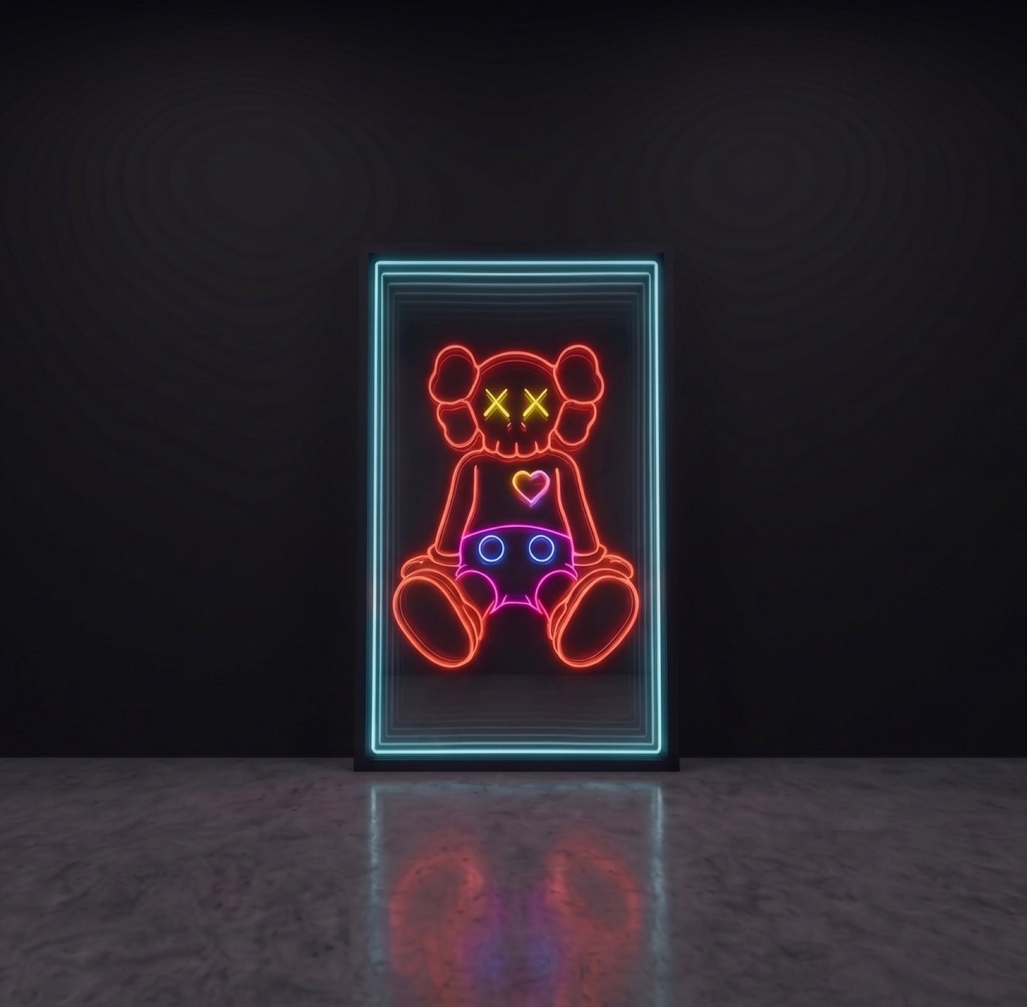 Oyuncak figür LED neon sonsuzluk aynası — mavi çerçevede sevimli oturan karakter