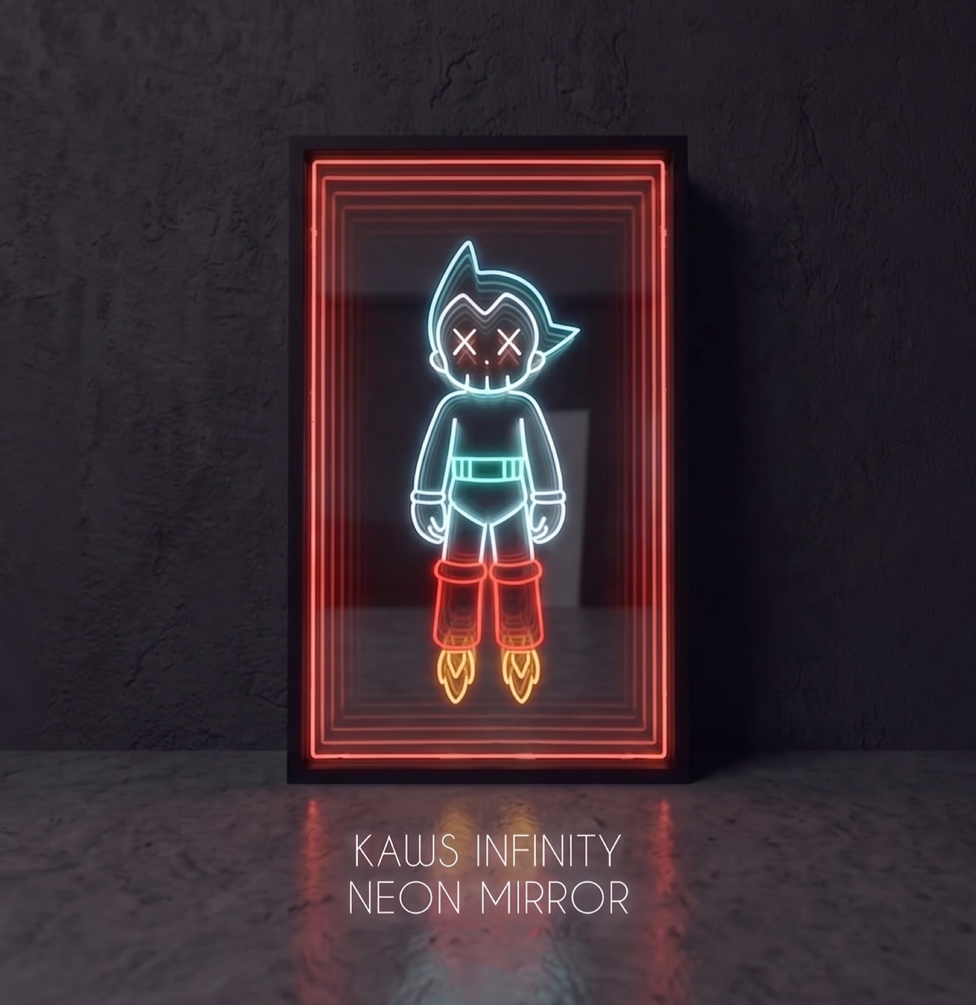 Astro Robot LED neon sonsuzluk aynası — kırmızı çerçeveli retro robot figürü