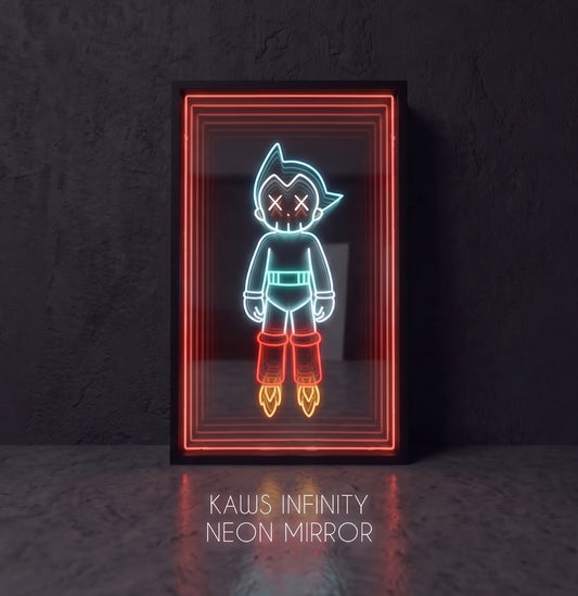 Astro Robot LED neon sonsuzluk aynası — kırmızı çerçeveli retro robot figürü