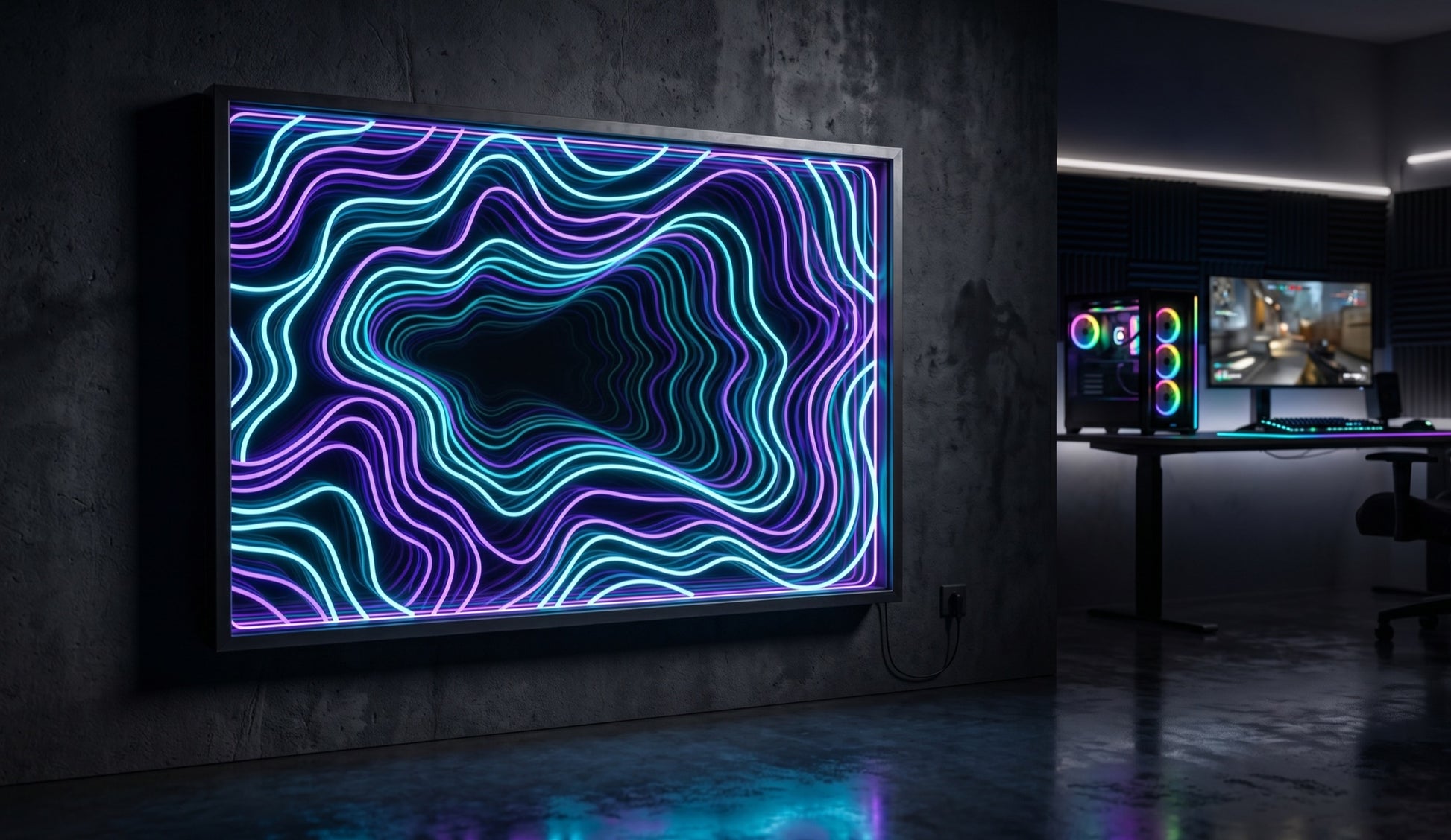 Dalga topografi LED neon sonsuzluk aynası — mor ve turkuaz akışkan desen