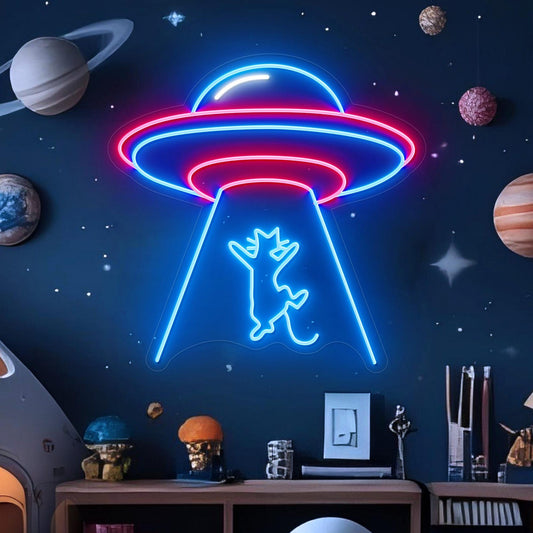 Ufo Ve Kedi Neon Led Dekoratif Tabela