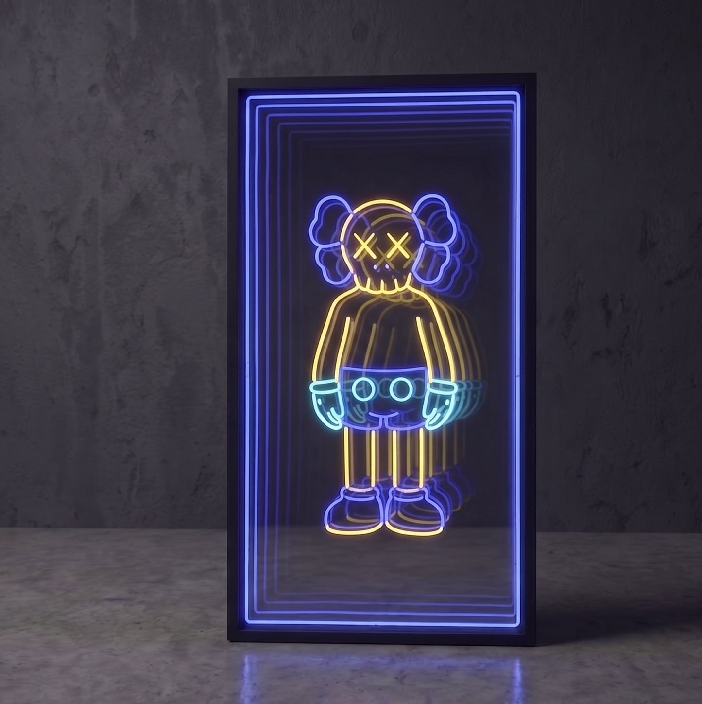 Kahveci figür LED neon sonsuzluk aynası — fincan tutan modern karakter