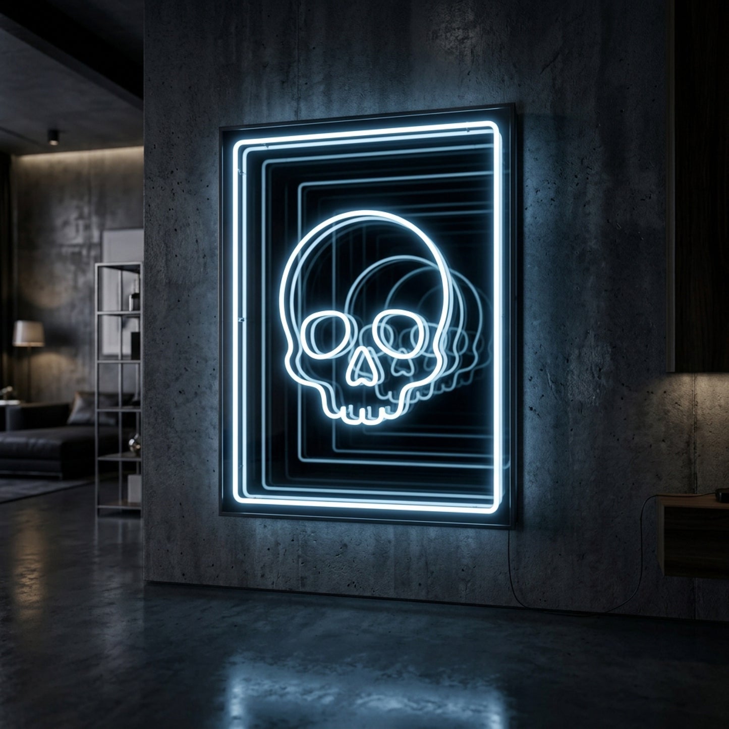 Kurukafa LED neon sonsuzluk aynası — buz mavisi tonlarda gotik tasarım