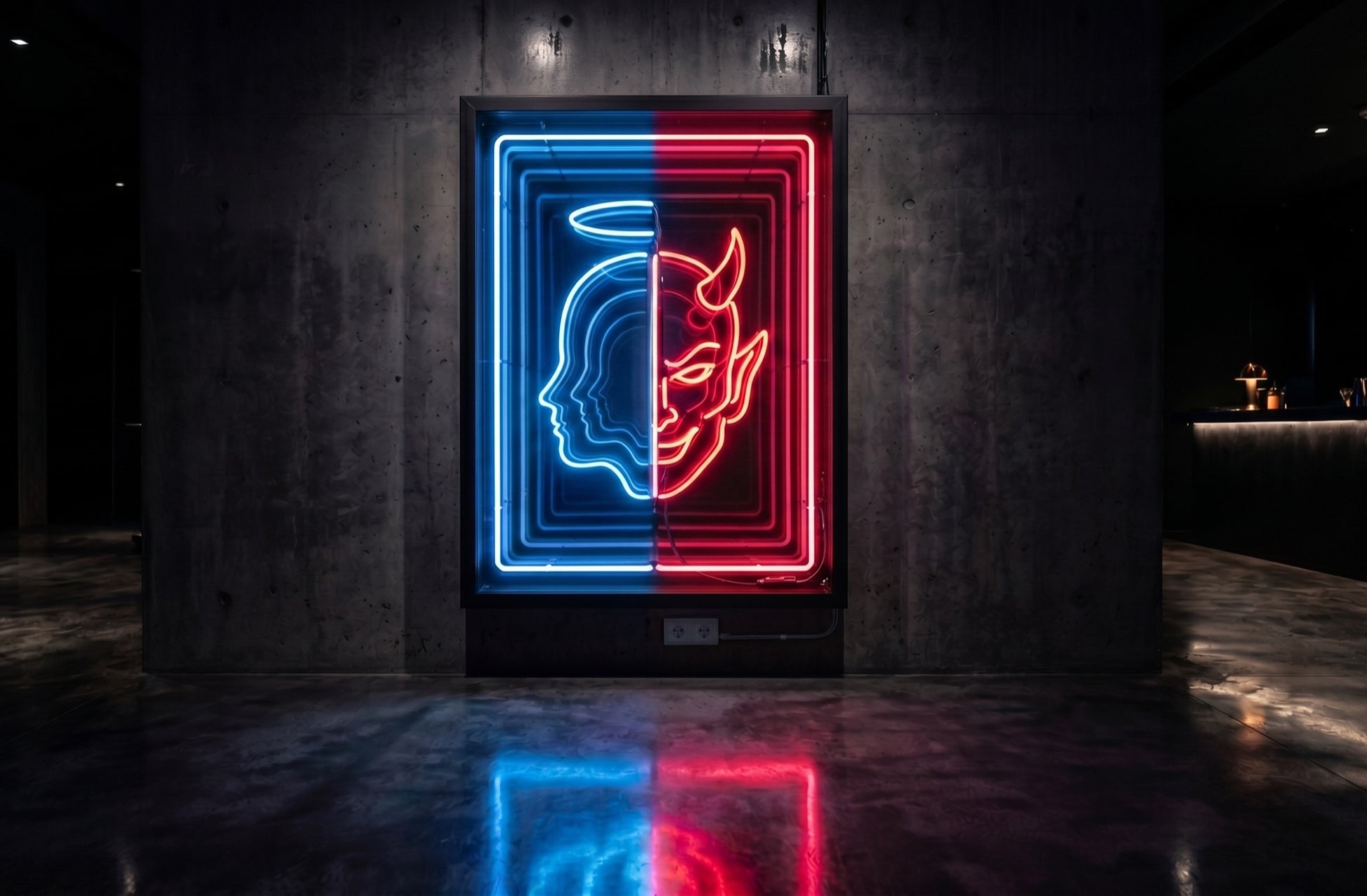 Melek ve Şeytan LED neon sonsuzluk aynası — mavi kırmızı renk şeması, dualite tasarımı
