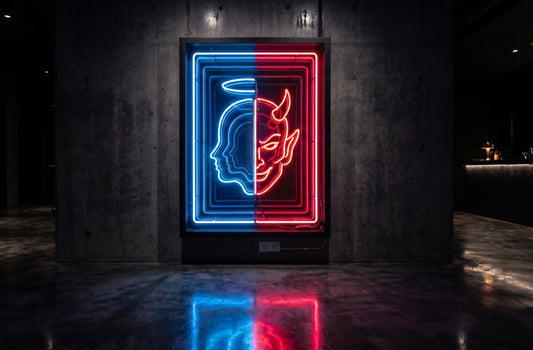 Melek ve Şeytan LED neon sonsuzluk aynası — mavi kırmızı renk şeması, dualite tasarımı