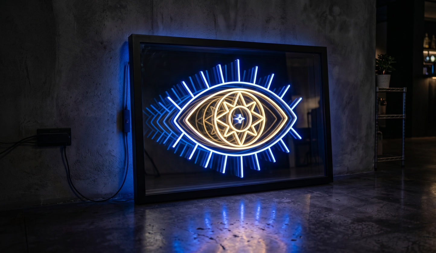 Nazar LED neon sonsuzluk aynası — mavi ve altın tonlarda koruyucu göz figürü