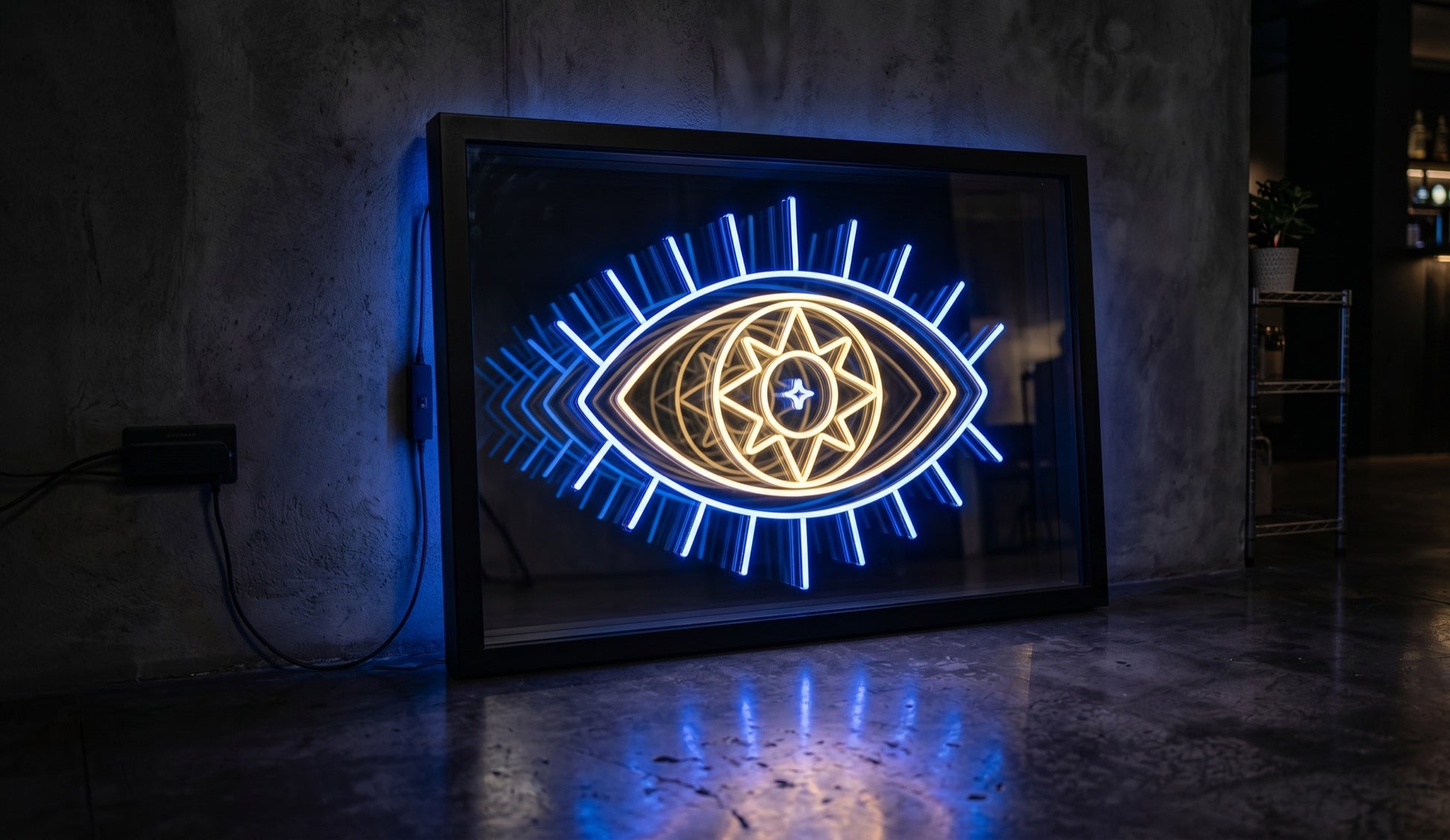 Nazar LED neon sonsuzluk aynası — mavi ve altın tonlarda koruyucu göz figürü