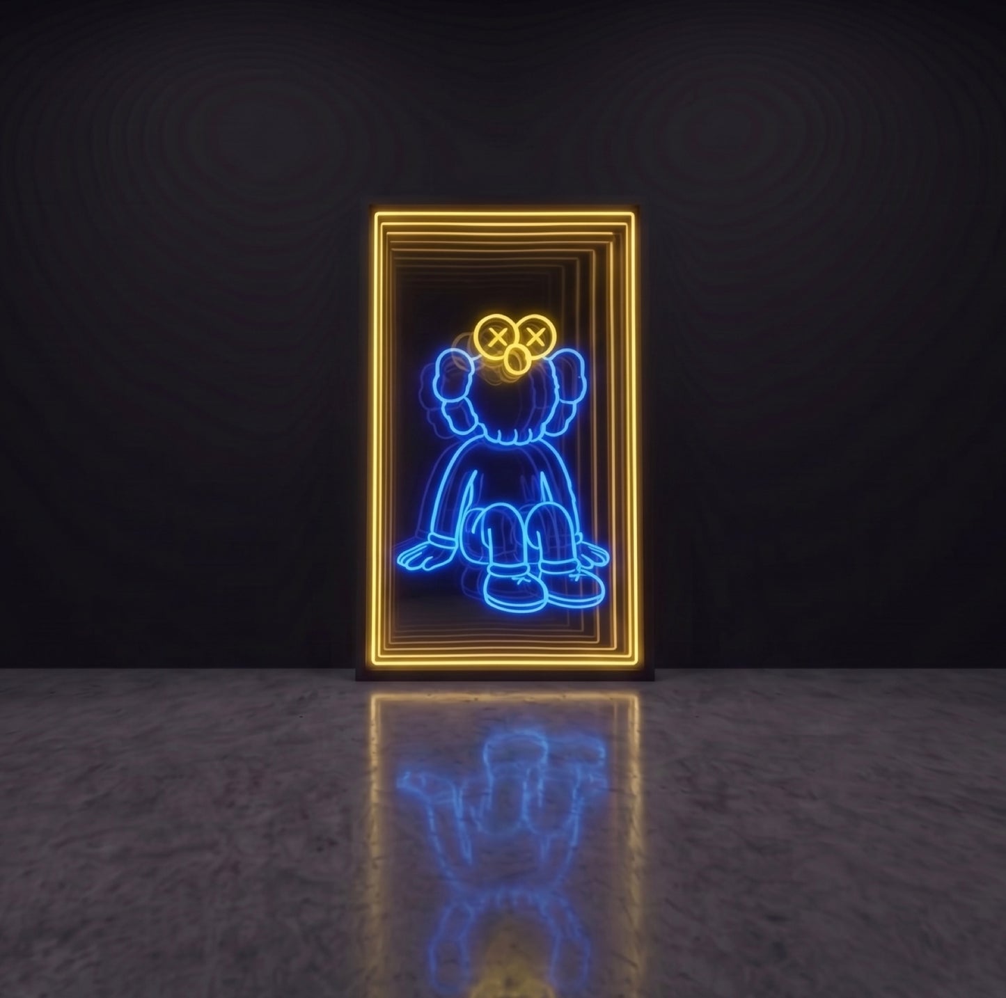 Oturan figür LED neon sonsuzluk aynası — mavi ve sarı tonlarda modern karakter