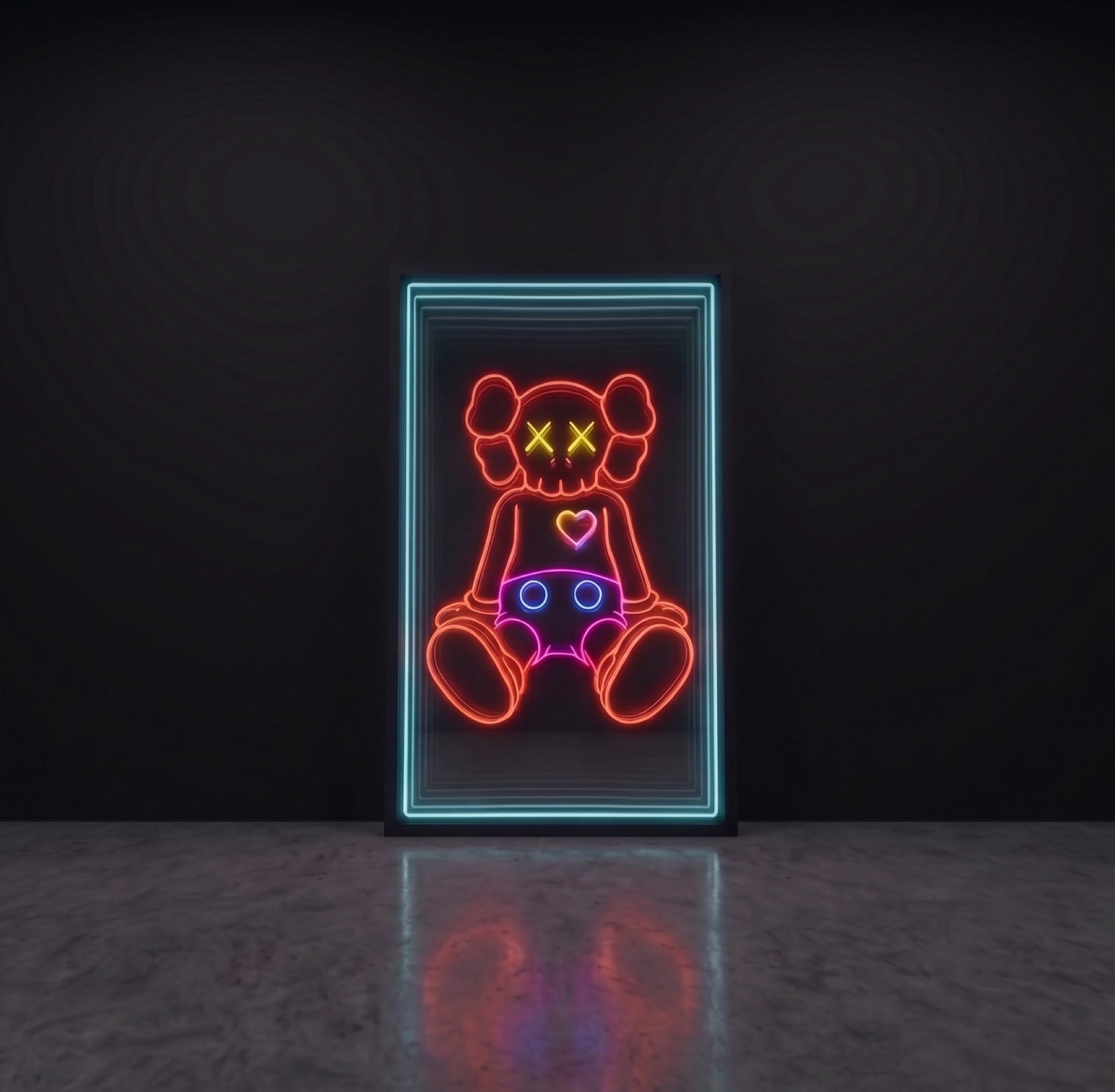 Oyuncak figür LED neon sonsuzluk aynası — mavi çerçevede sevimli oturan karakter