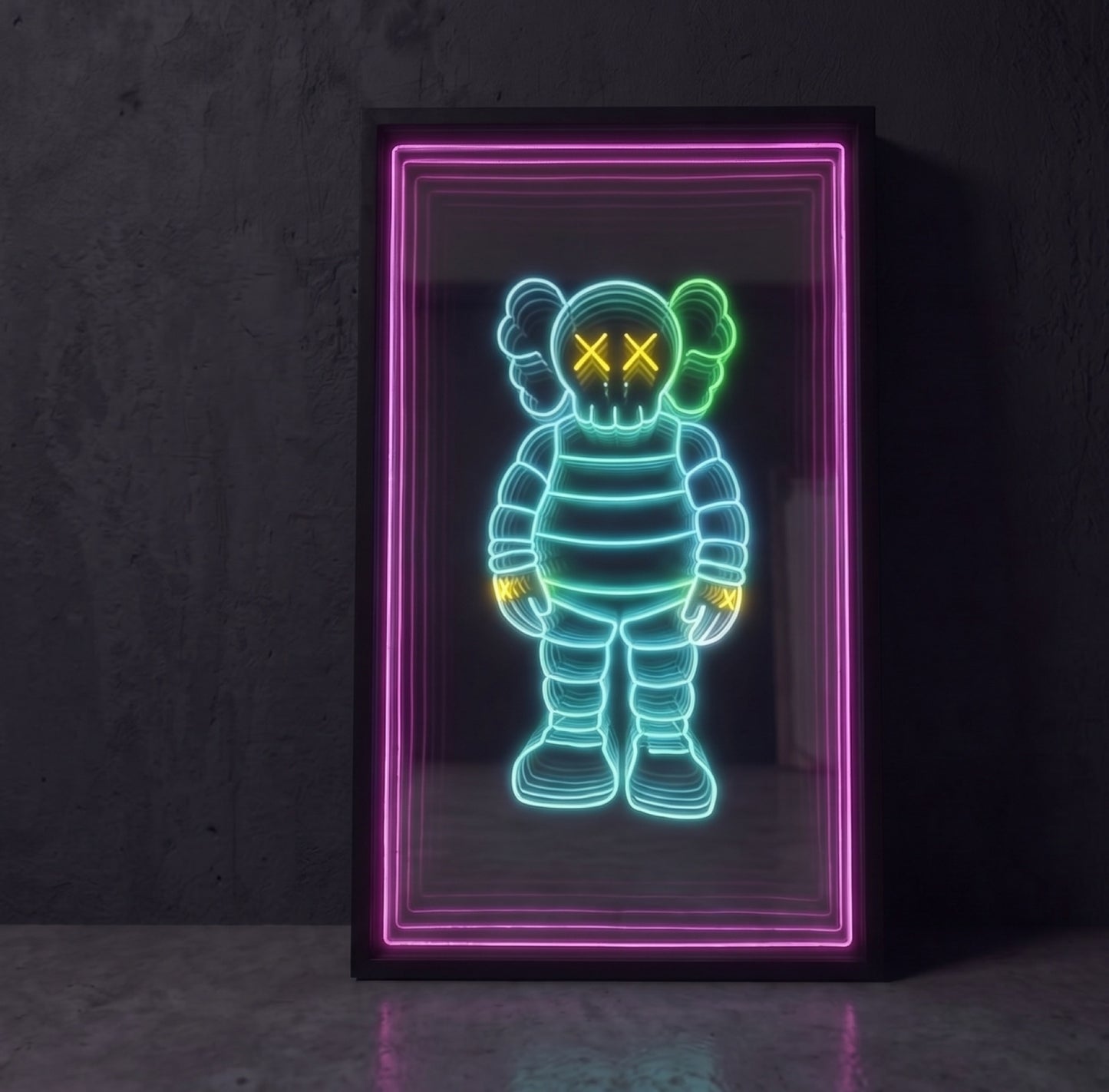 Renkli figür LED neon sonsuzluk aynası — mor ve yeşil çerçeveli mavi karakter