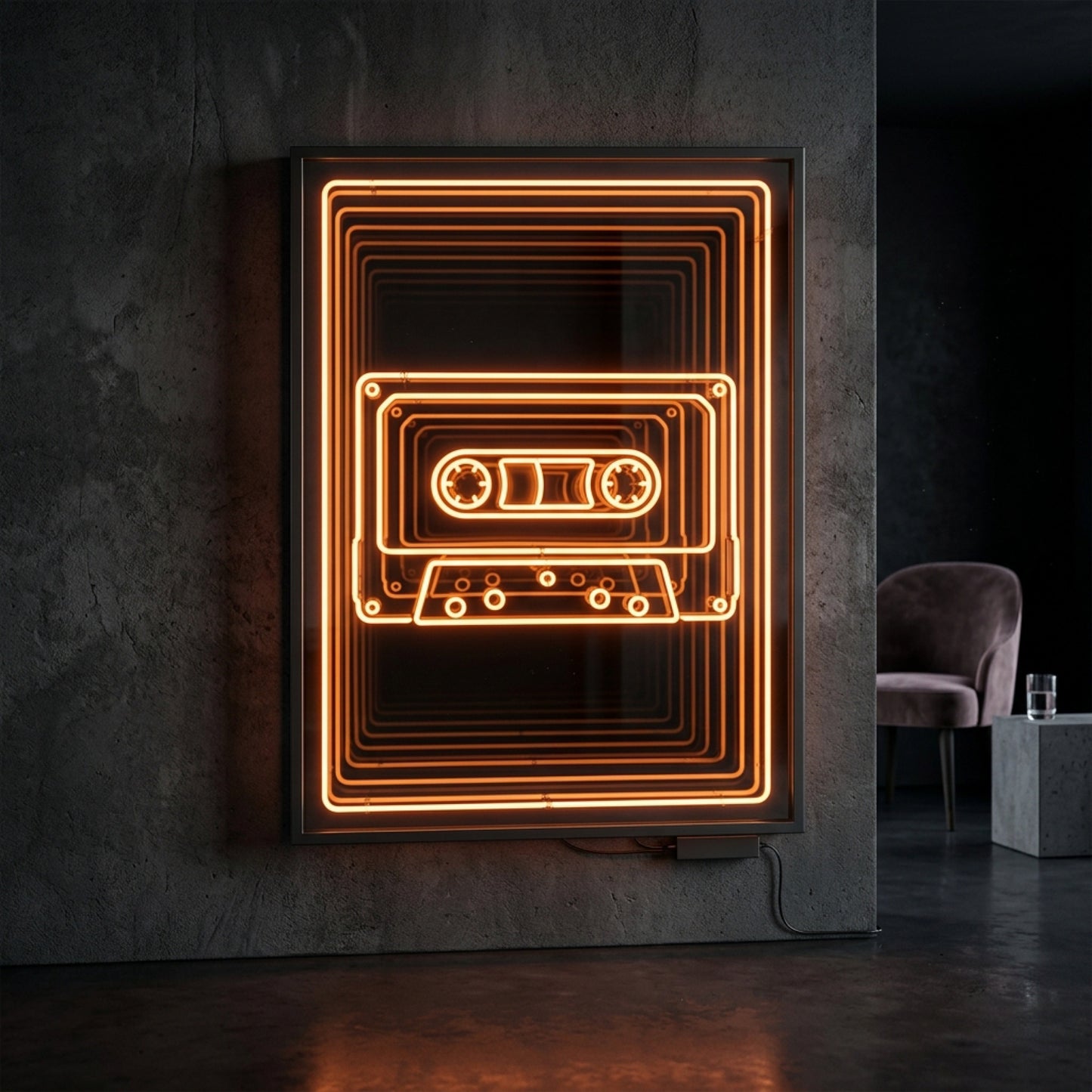 Retro kaset LED neon sonsuzluk aynası — turuncu vintage 80'ler nostaljisi