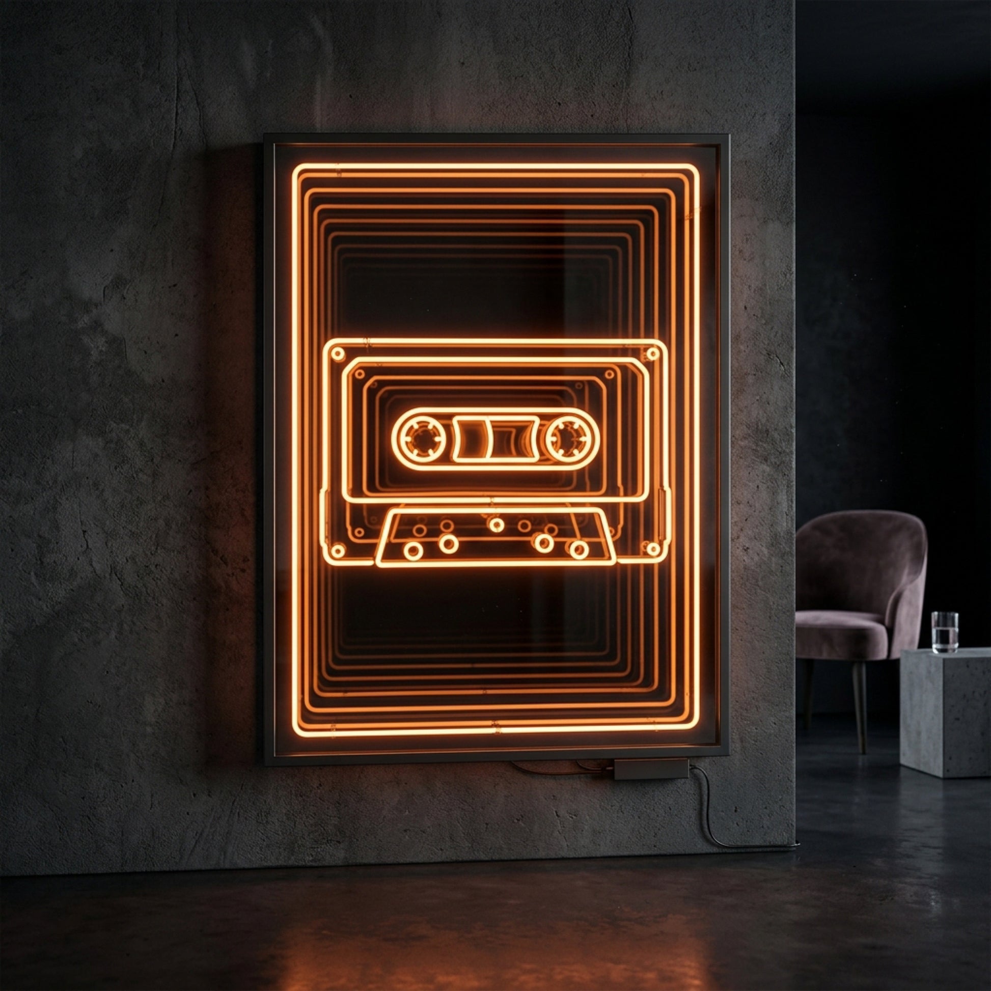 Retro kaset LED neon sonsuzluk aynası — turuncu vintage 80'ler nostaljisi
