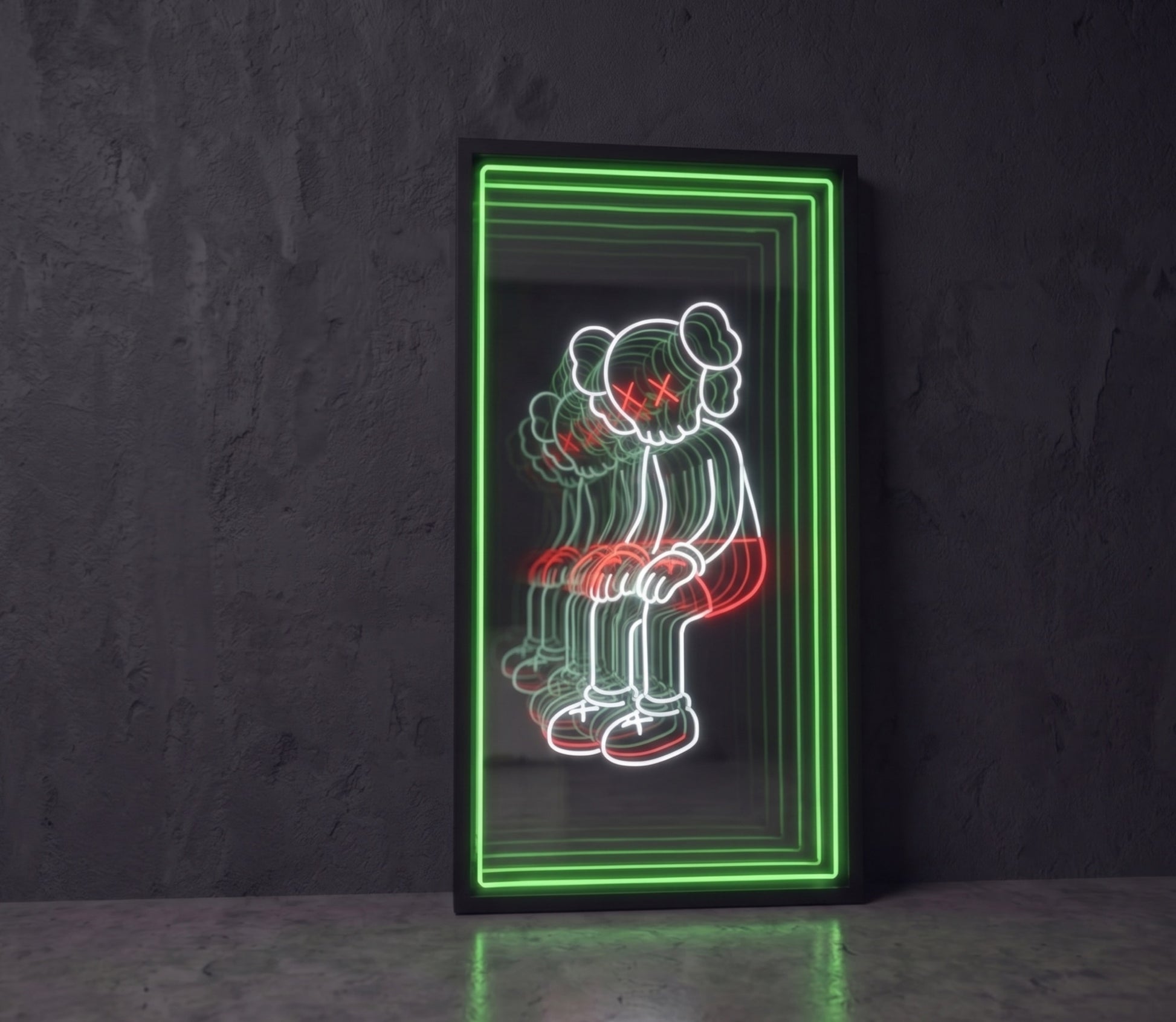 Yorgun figür LED neon sonsuzluk aynası — yeşil çerçeveli oturan modern karakter